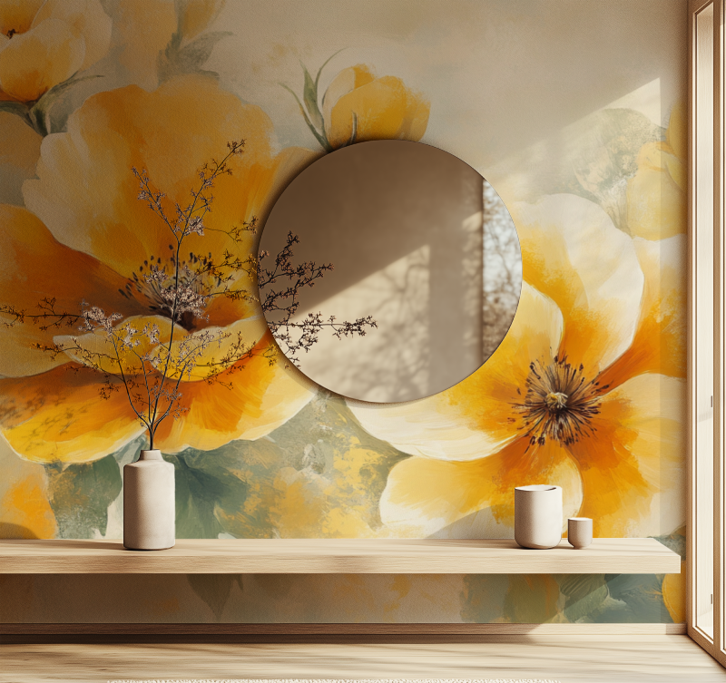 Papier peint fleur jaune miroir