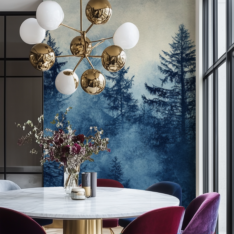 Papier peint arbre bleu nuit salon chaise