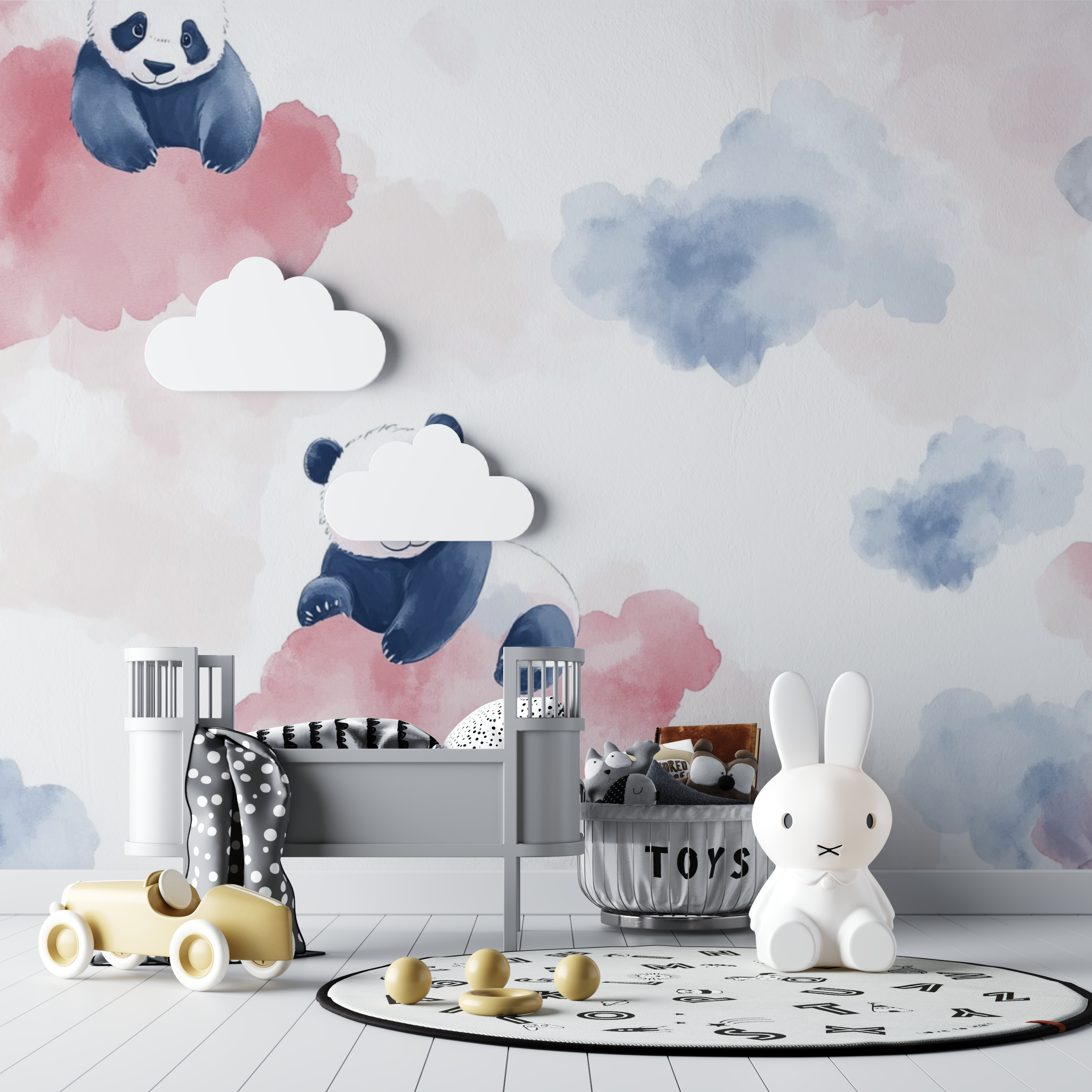 Papier peint panda et nuages pastel bebe tipi