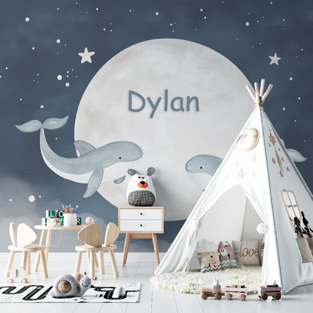 Papier peint prenom baleines chambre bebe