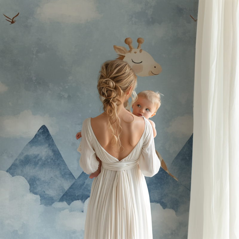 Papier peint giraffe montagnes bleu bb123