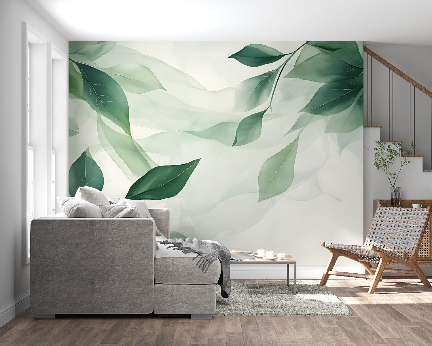 Papier peint aquarelle feuilles vertes panoramique mural