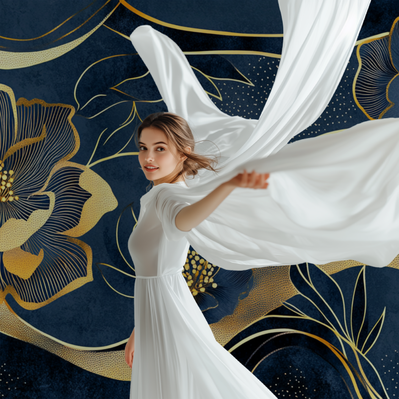 Papier peint fleur graphique deco bleu modele