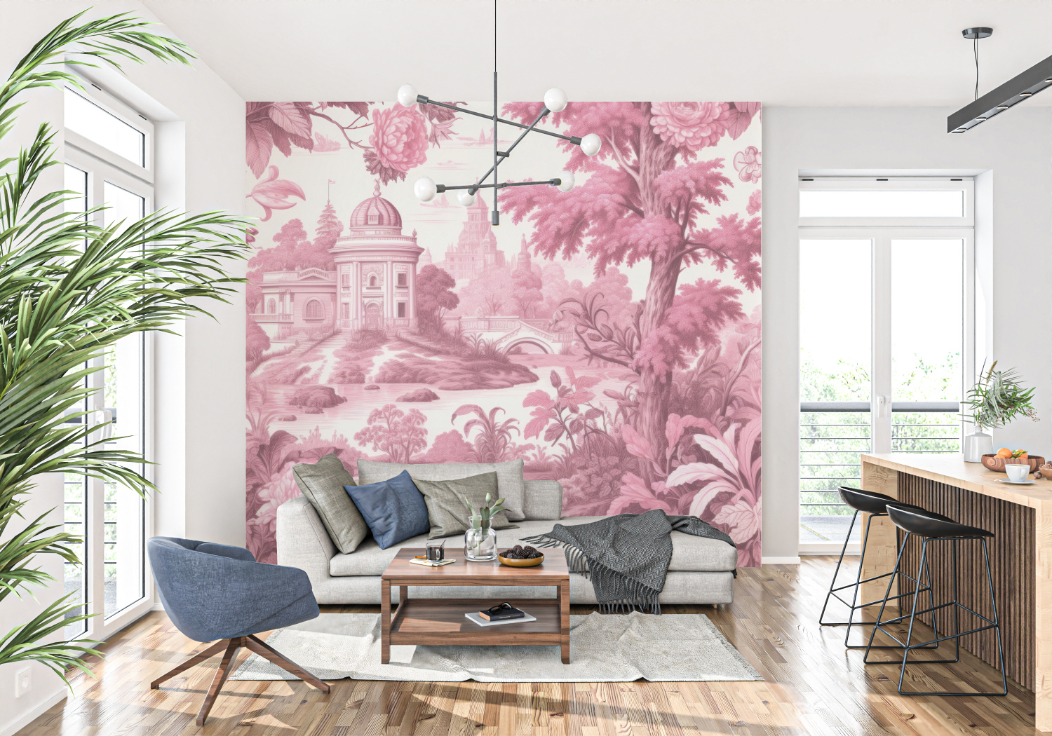 Papier Peint Toile De Jouy Rose Vif - tapisserie