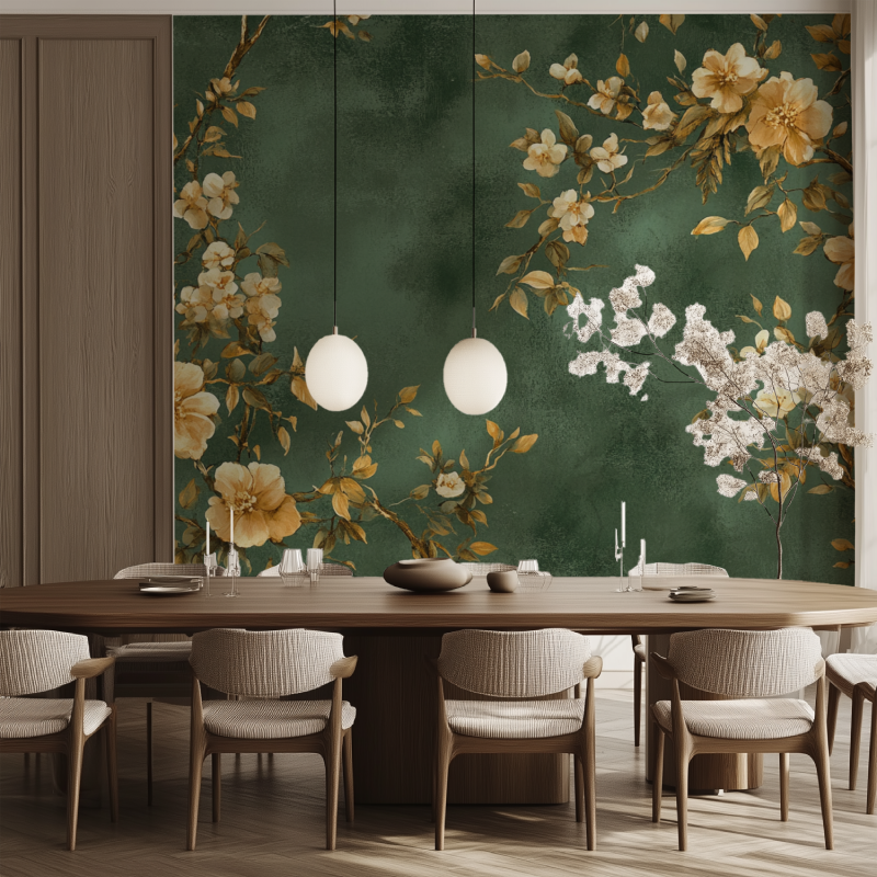 Papier peint vintage vert salle manger tendance