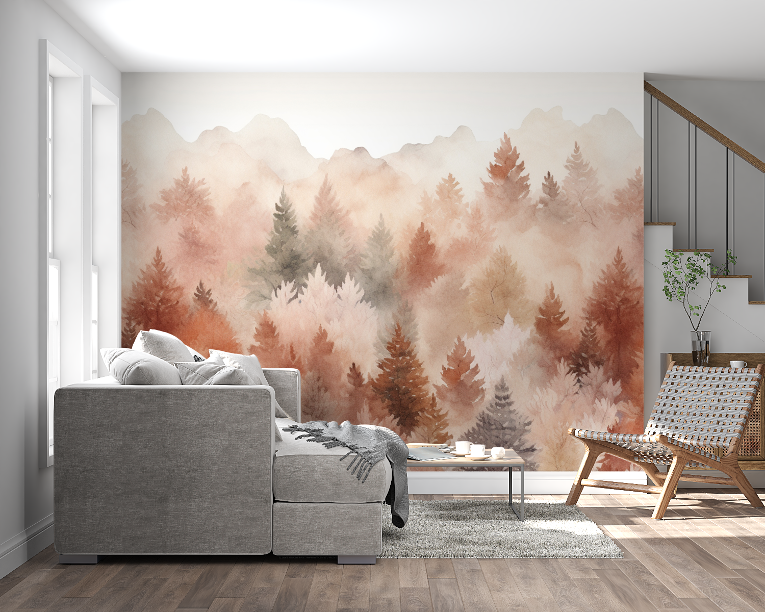 Papier peint aquarelle foret tendance panoramique mural