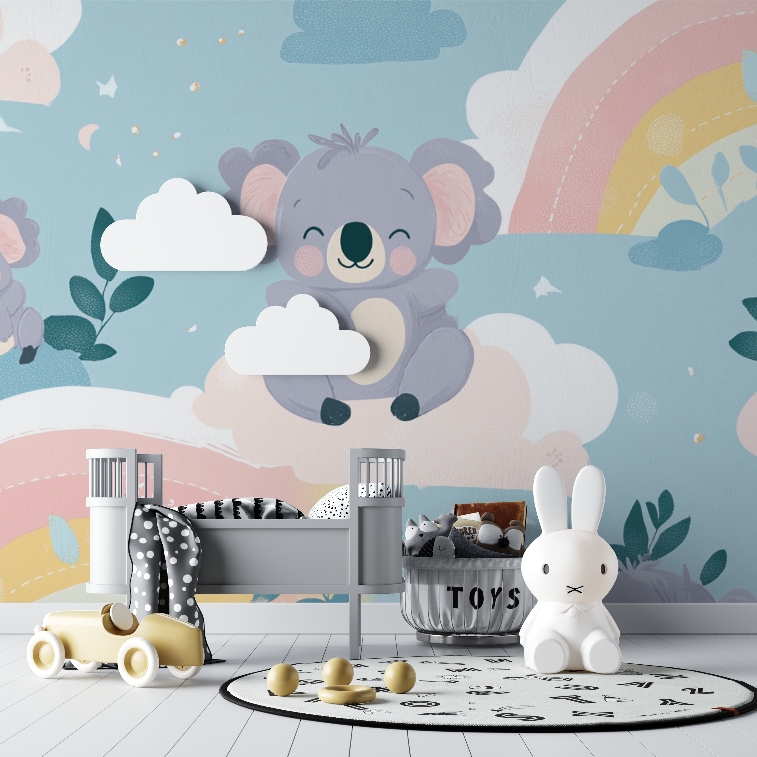 Papier peint koala assis sur un arc pastel bebe tipi