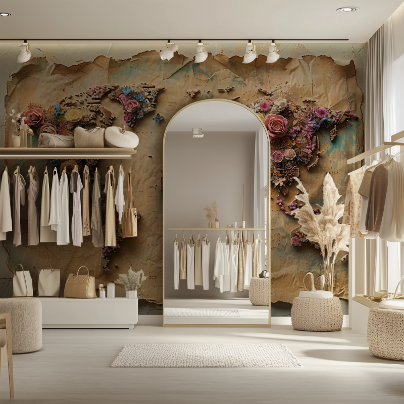 Papier peint carte du monde fleurs 3d dressing