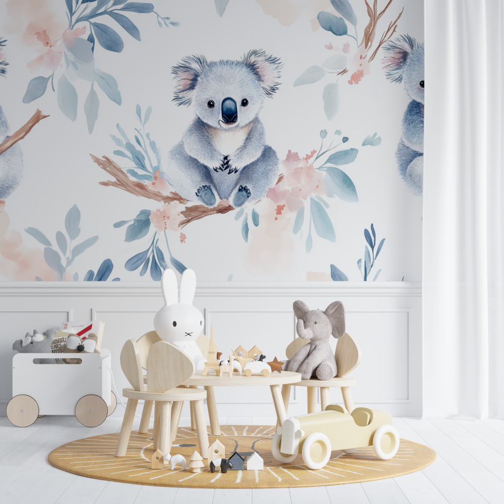 Papier peint koala entoure de plumes legeres chambre de bebe