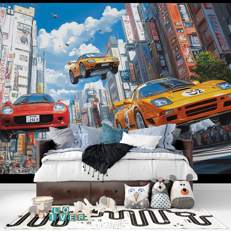 Papier peint avec des voiture de sport panoramique garcon