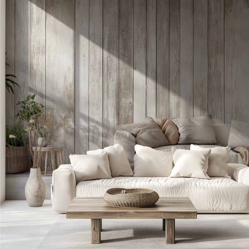 Papier peint trompe loeil bois flotte canape tendance