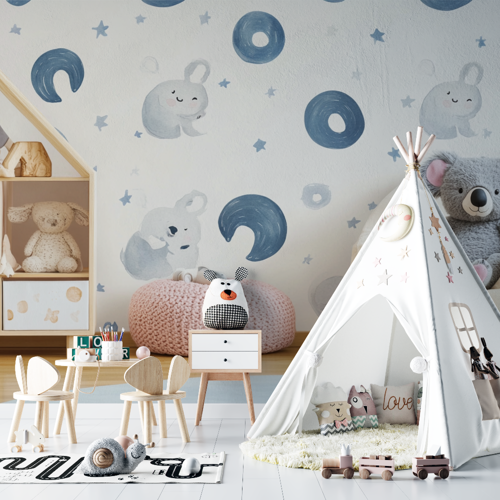 Papier peint koala pastel et arc lunaire chambre bebe