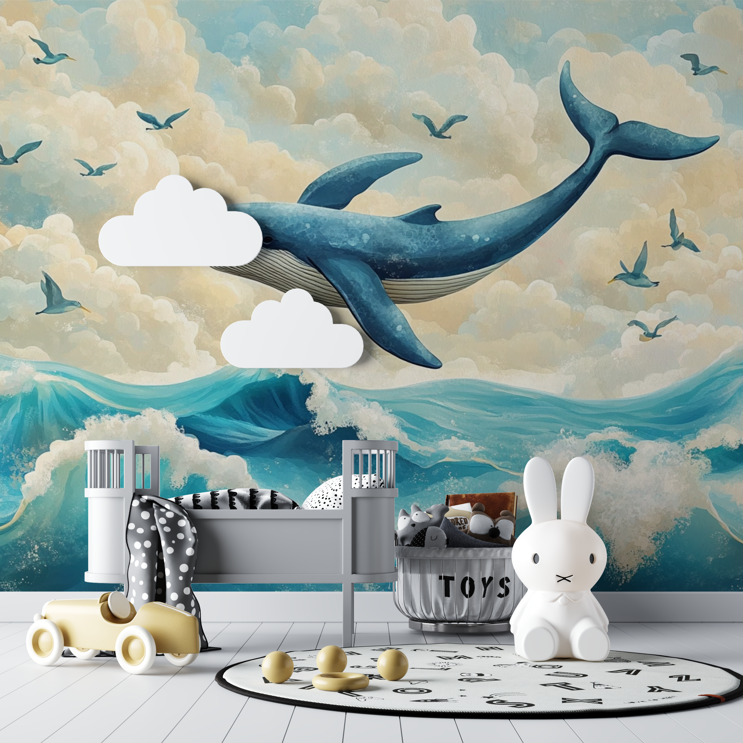 Papier peint marin paysage et baleine bebe tipi