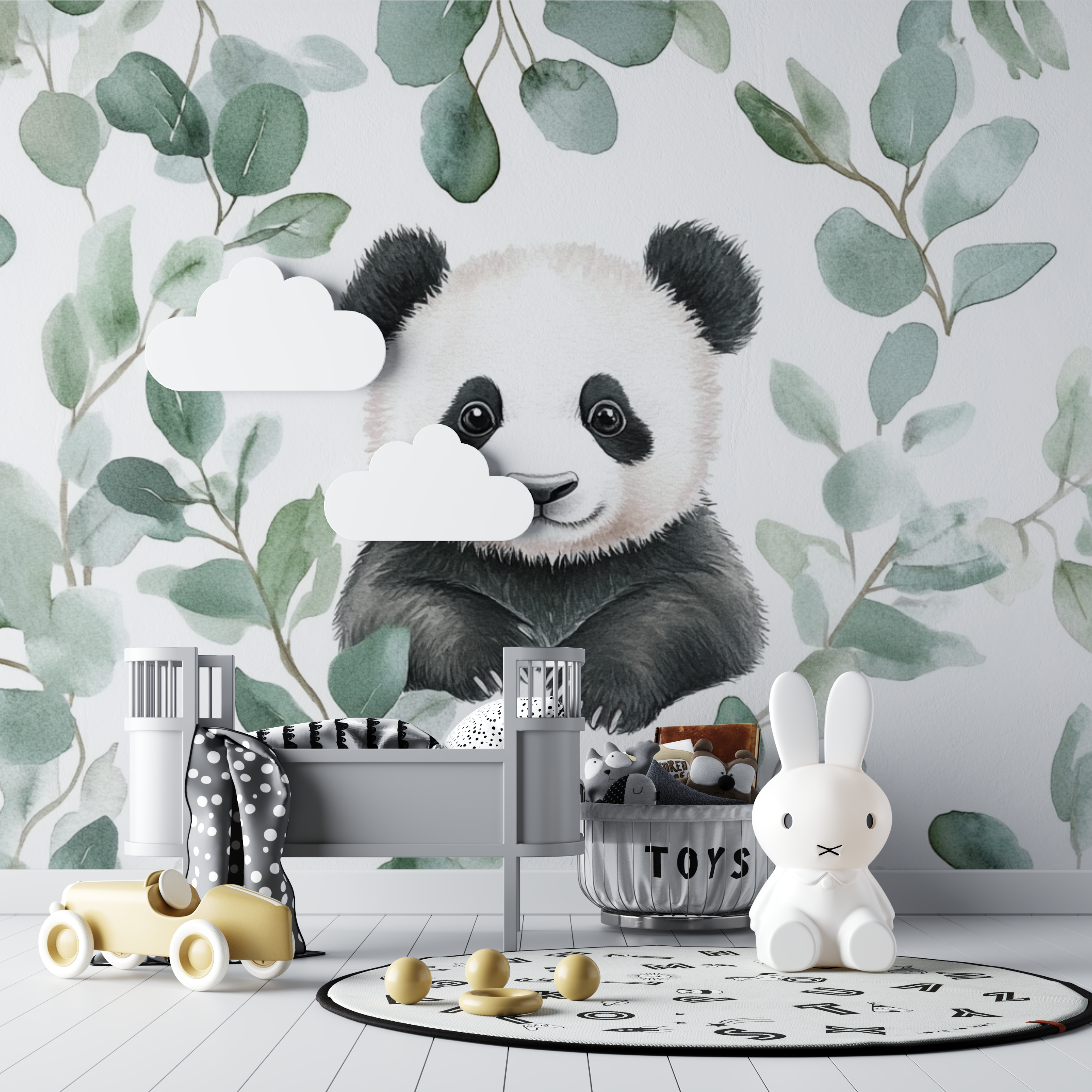 Papier peint panda et feuilles deucalyptus bebe tipi