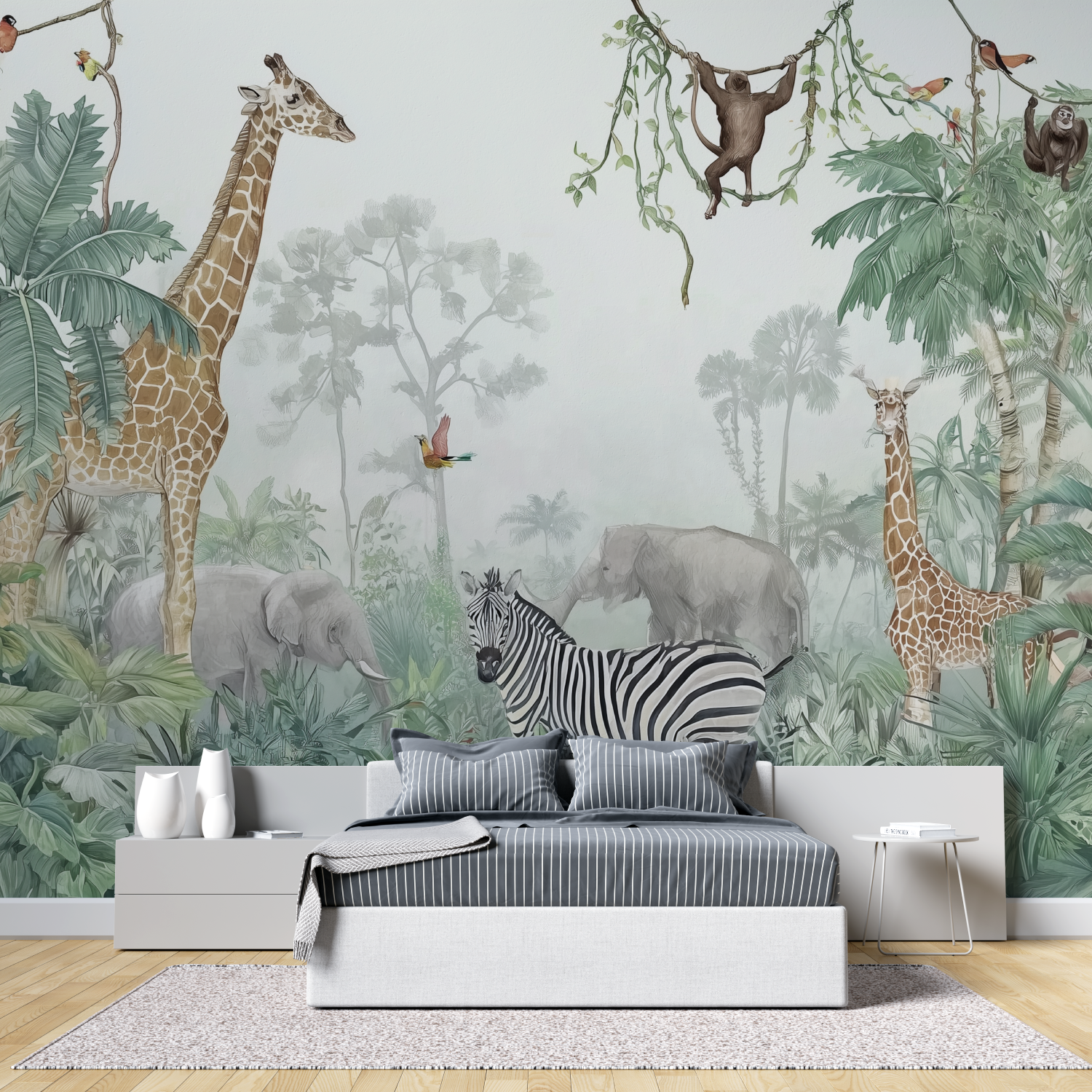 Aquarel jungle animals mural wallpaper tete de lit