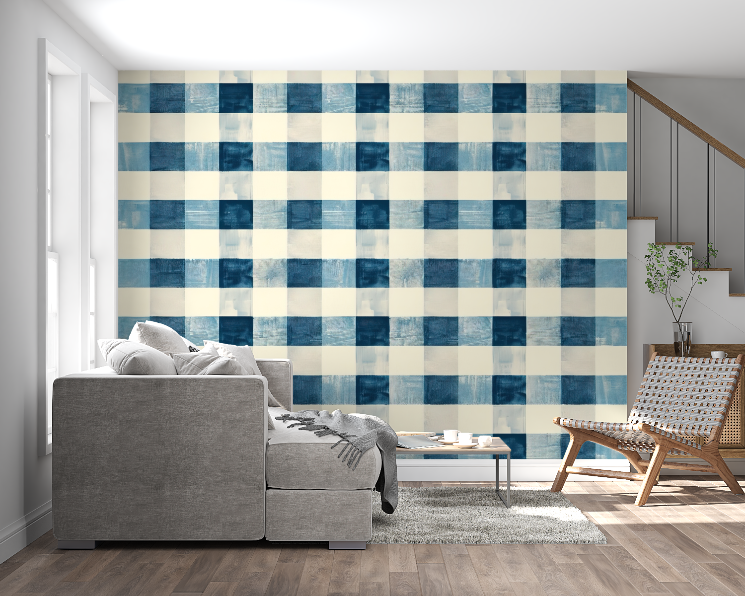 Papier Peint Vichy Bleu - chambre adulte