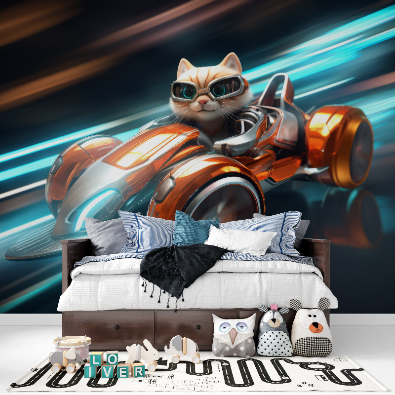 Papier peint voiture sportive et chat panoramique garcon