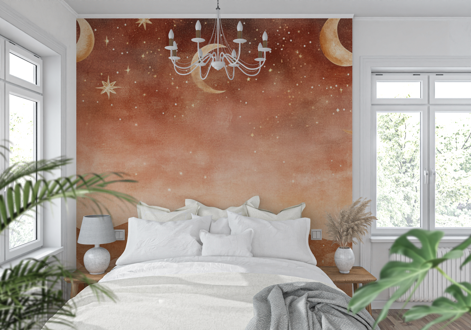 Papier peint terracotta lunes et etoiles tendance mur