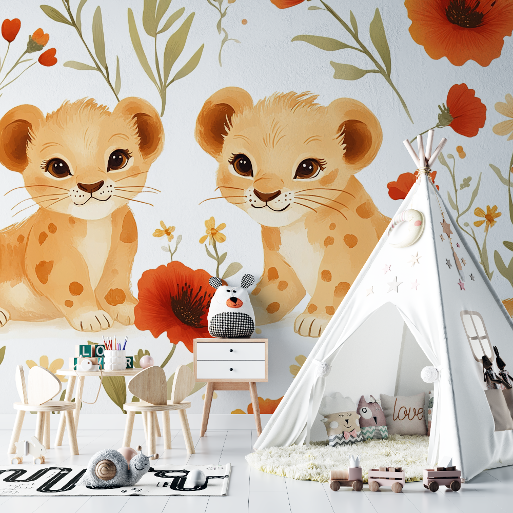Papier peint lion et ambiance vintage chambre bebe
