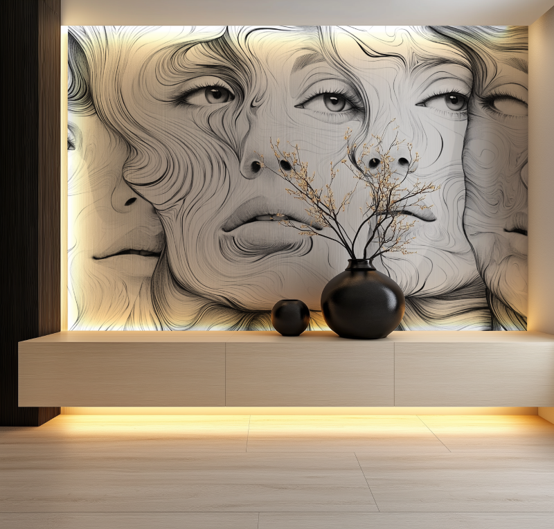 Papier peint vintage noir et blanc visage salon neon