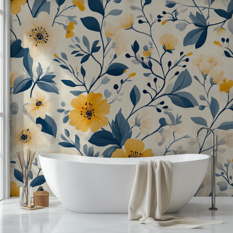 Papier peint scandinave vintage fleurs sdb