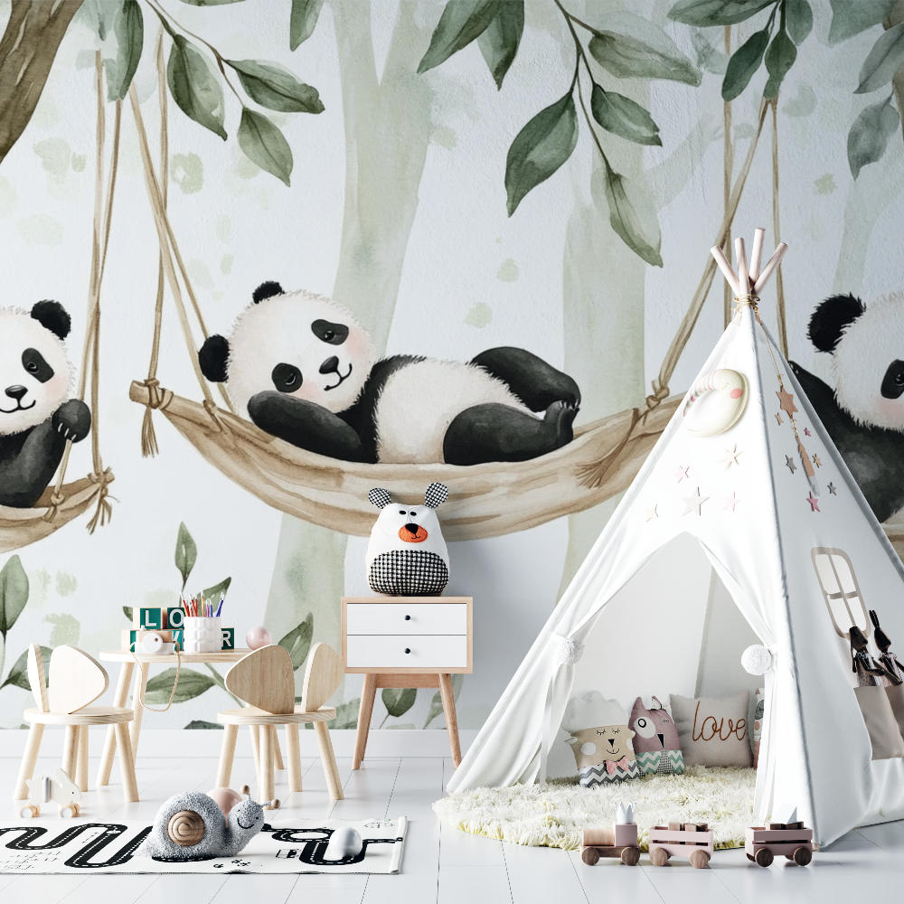 Papier peint bebe panda et hamac chambre bebe