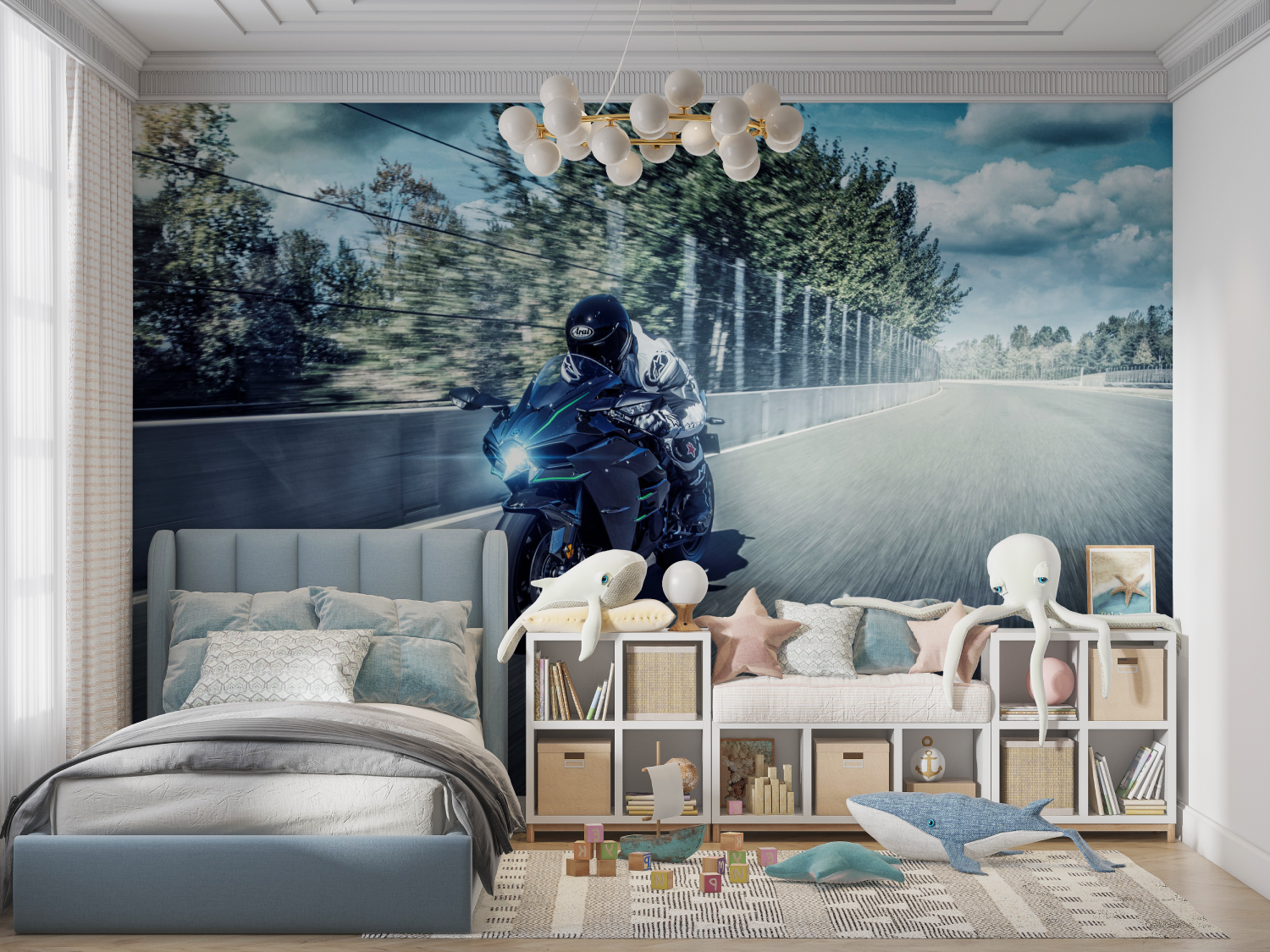 Papier peint moto kawasaki course panoramique garcon