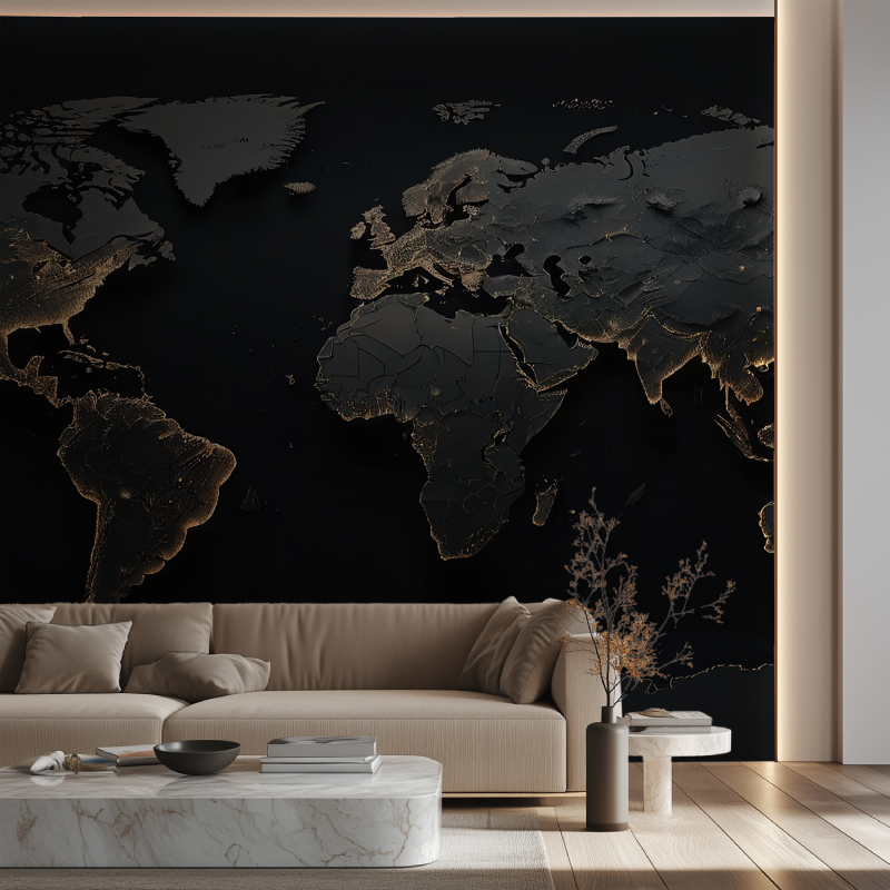 Papier peint carte du monde noire canape neon