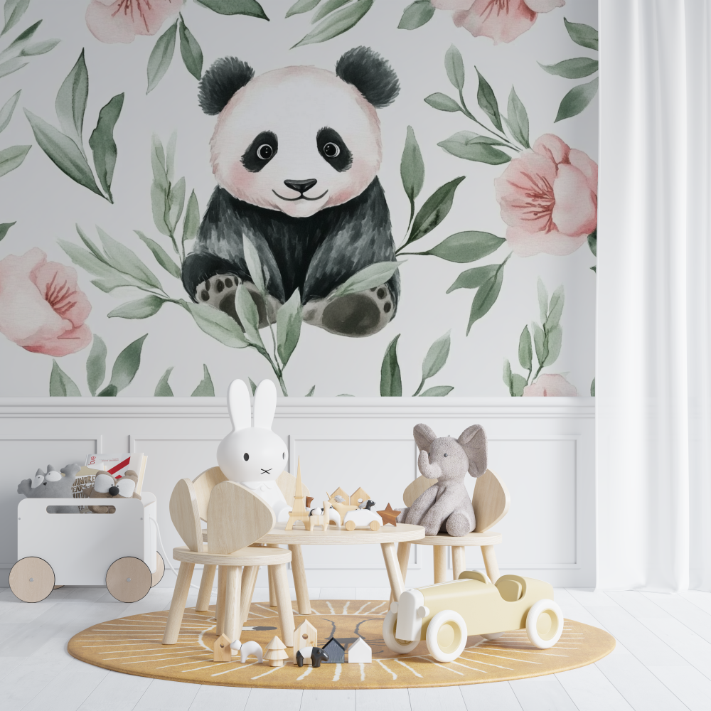Papier peint panda et feuillage aquarelle chambre de bebe