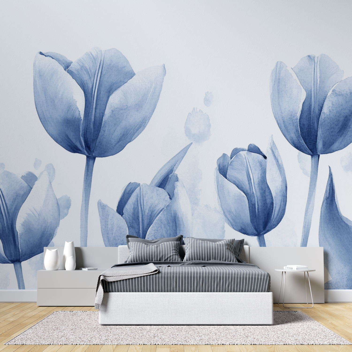 Papier peint aquarelle tulipes bleues tete de lit