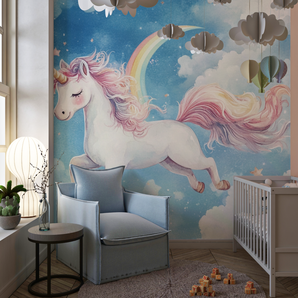 Papier peint decoration licorne...ciel bleu chambre de fille