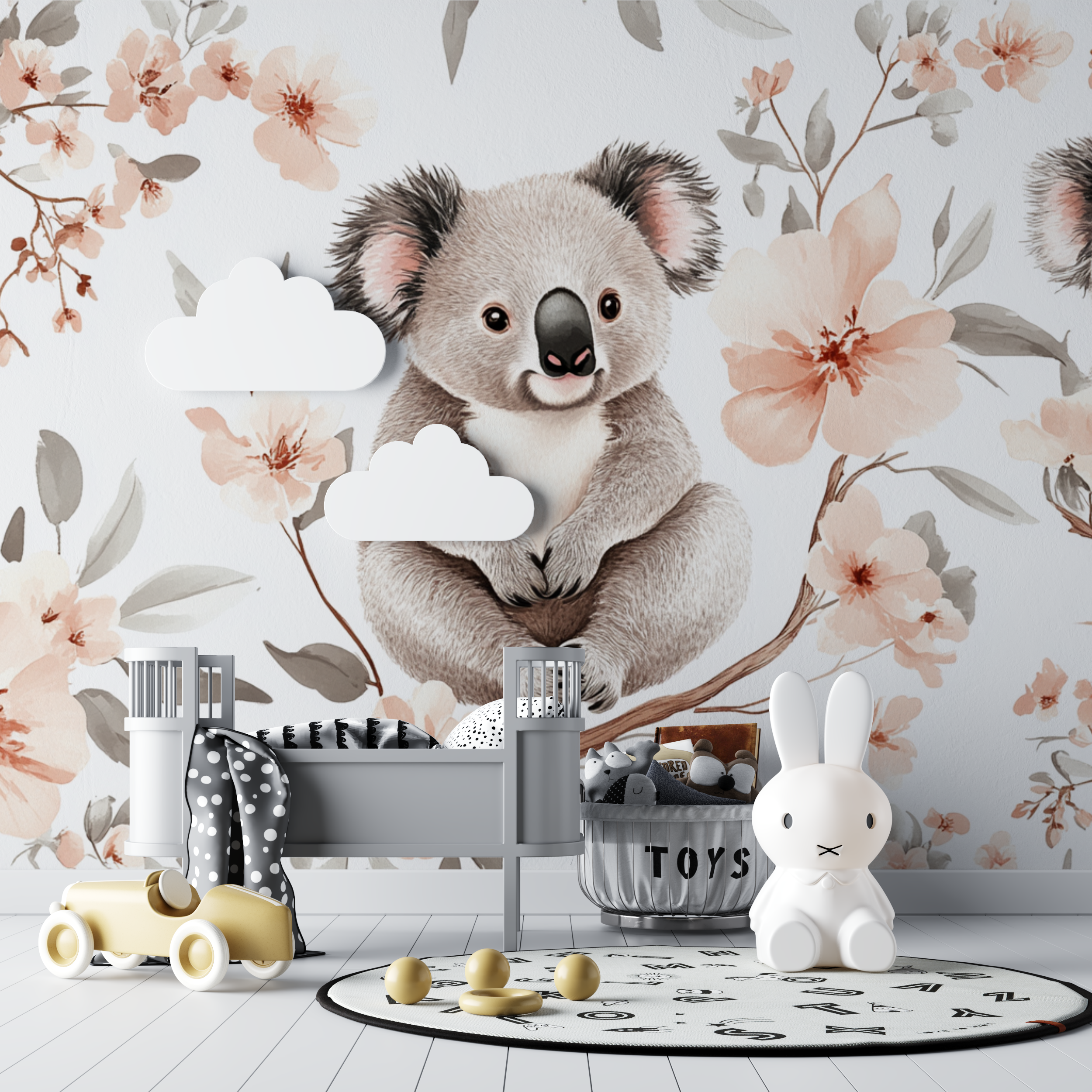 Papier peint koala et fleurs de coton bebe tipi
