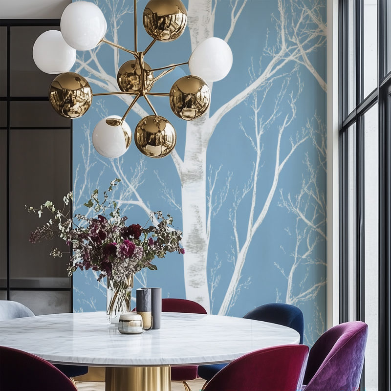 Papier peint arbre blanc salon chaise