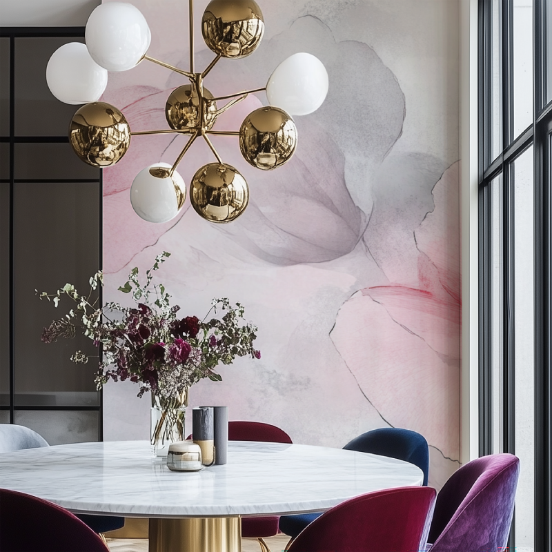 Papier peint fleur rose et gris salon chaise