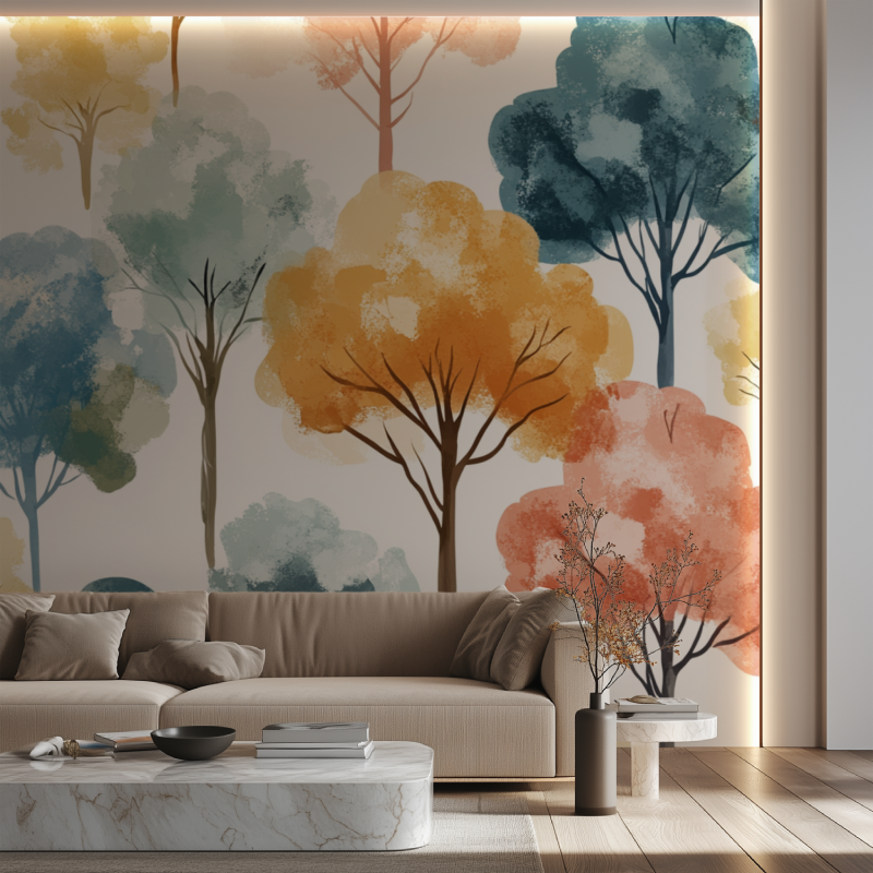 Papier peint arbre chambre fille canape neon