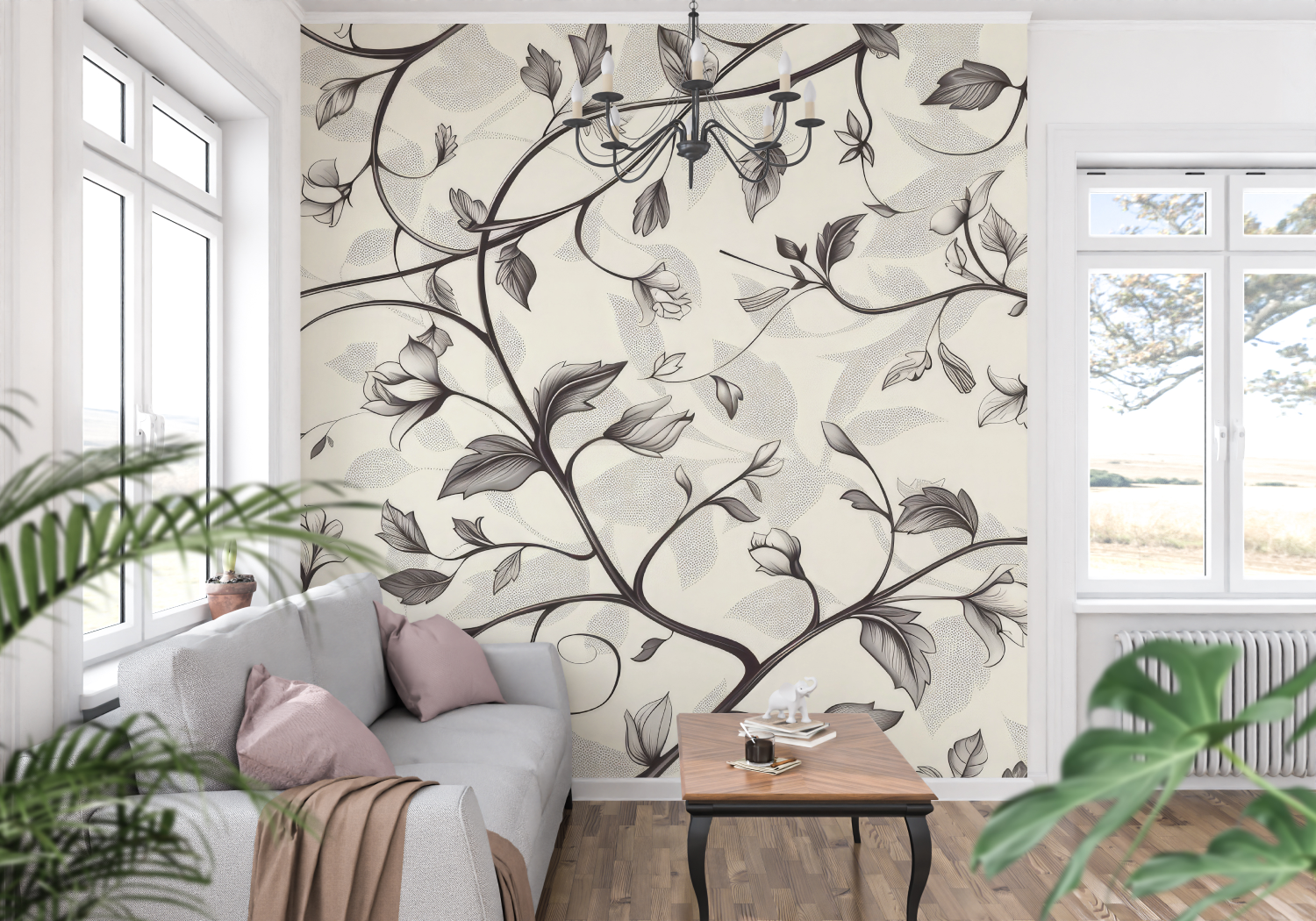 Papier Peint Toile De Jouy Motif À Fleurs - trompe l'oeil