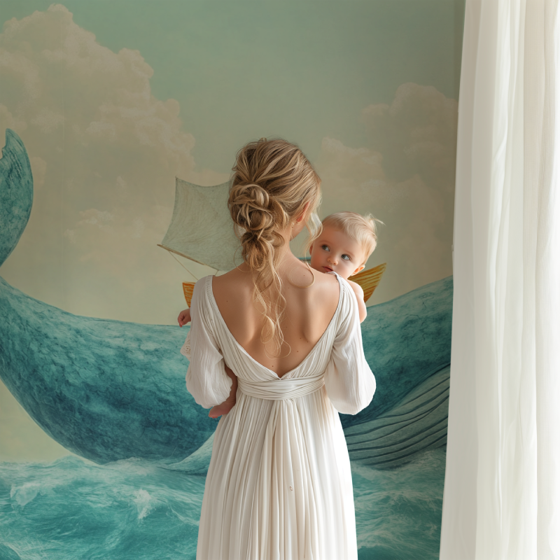 Papier peint baleine panoramique bleu ciel bb123