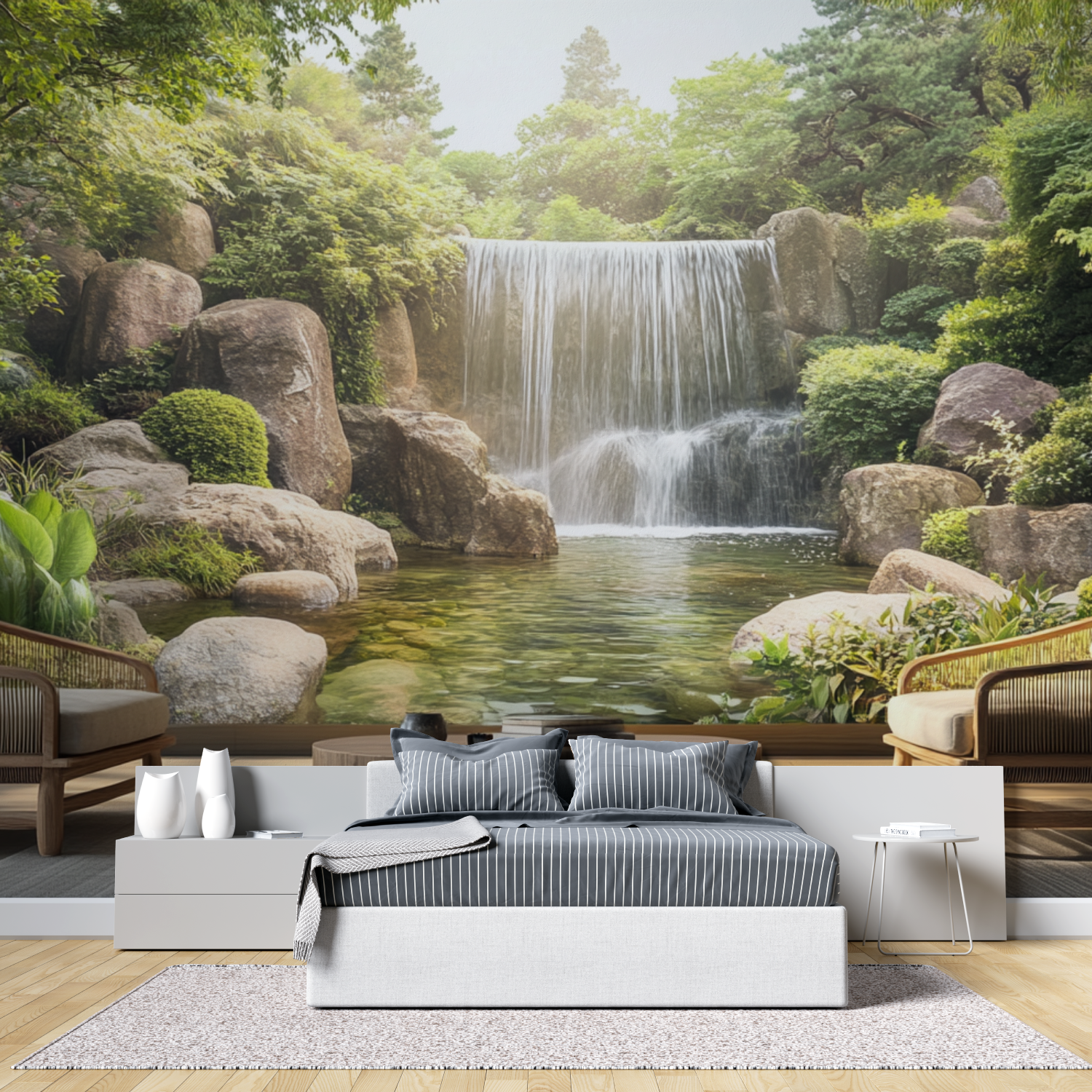 Papier peint trompe l oeil zen tete de lit