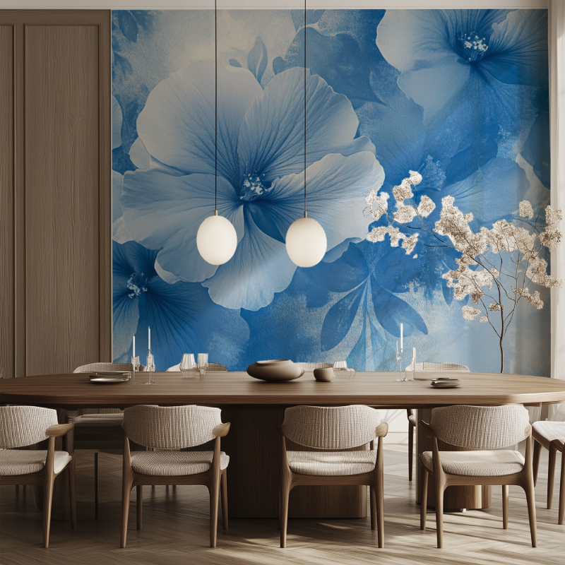 Papier peint vintage fleur bleu salle manger tendance