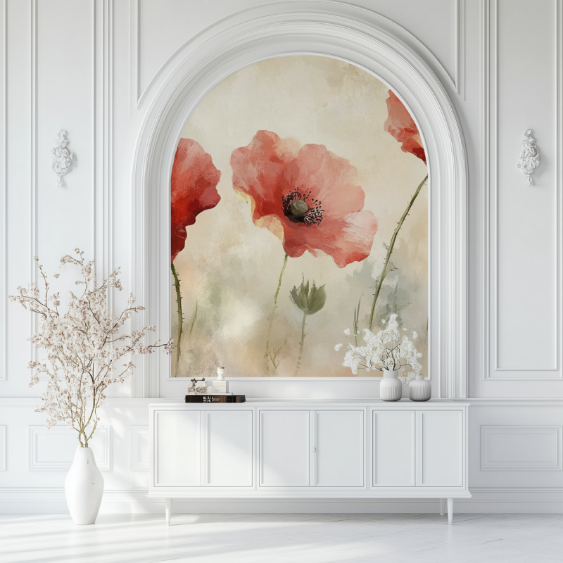 Papier peint vintage fleurs rouges salon blanc