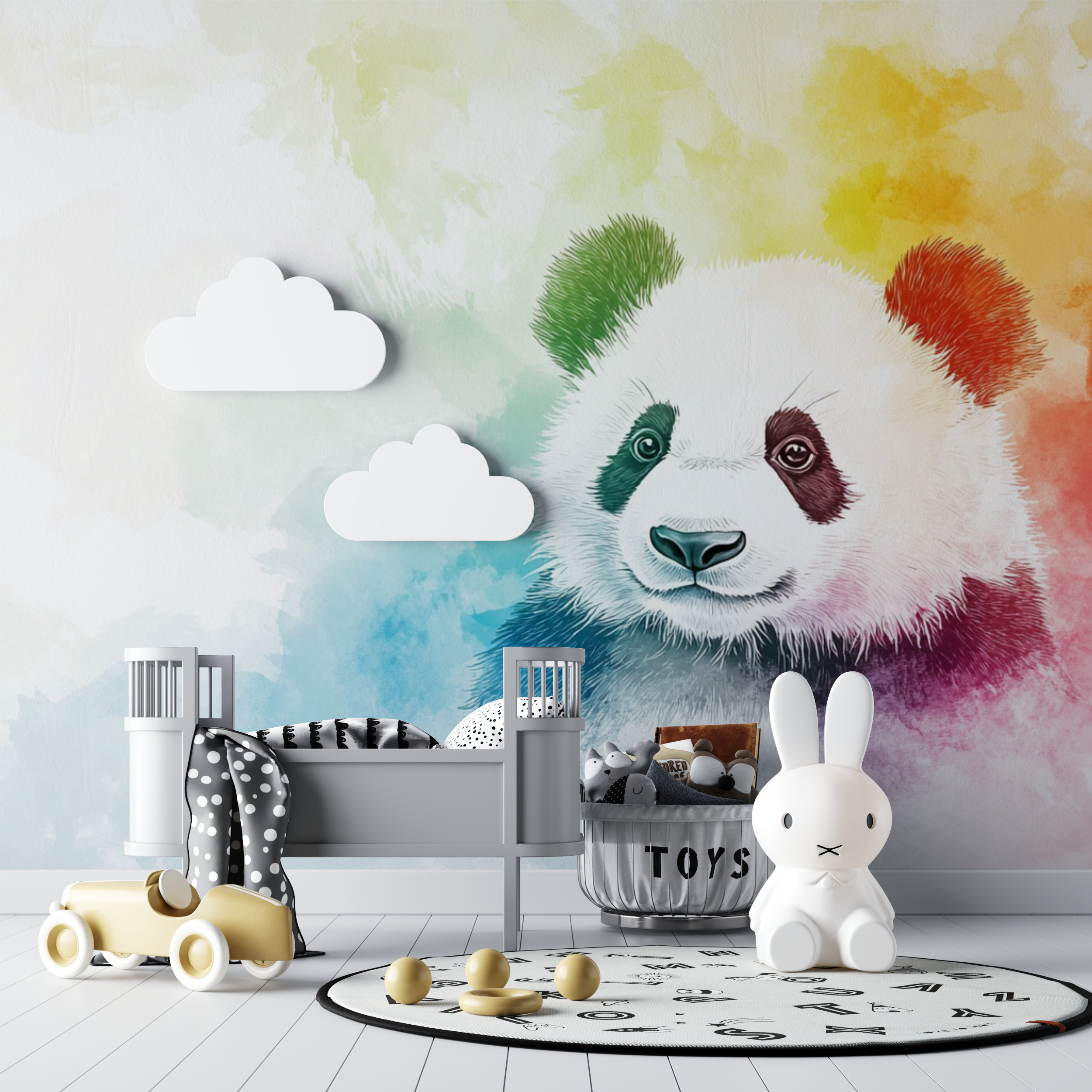 Papier peint panda arc en ciel bebe tipi