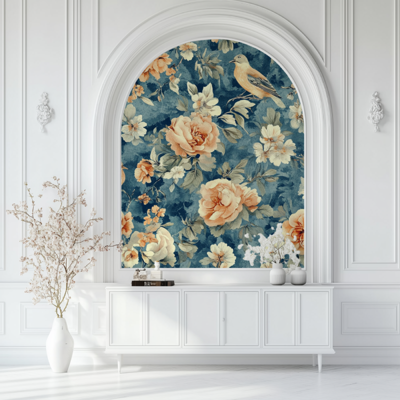 Papier peint vintage oiseaux et fleurs salon blanc