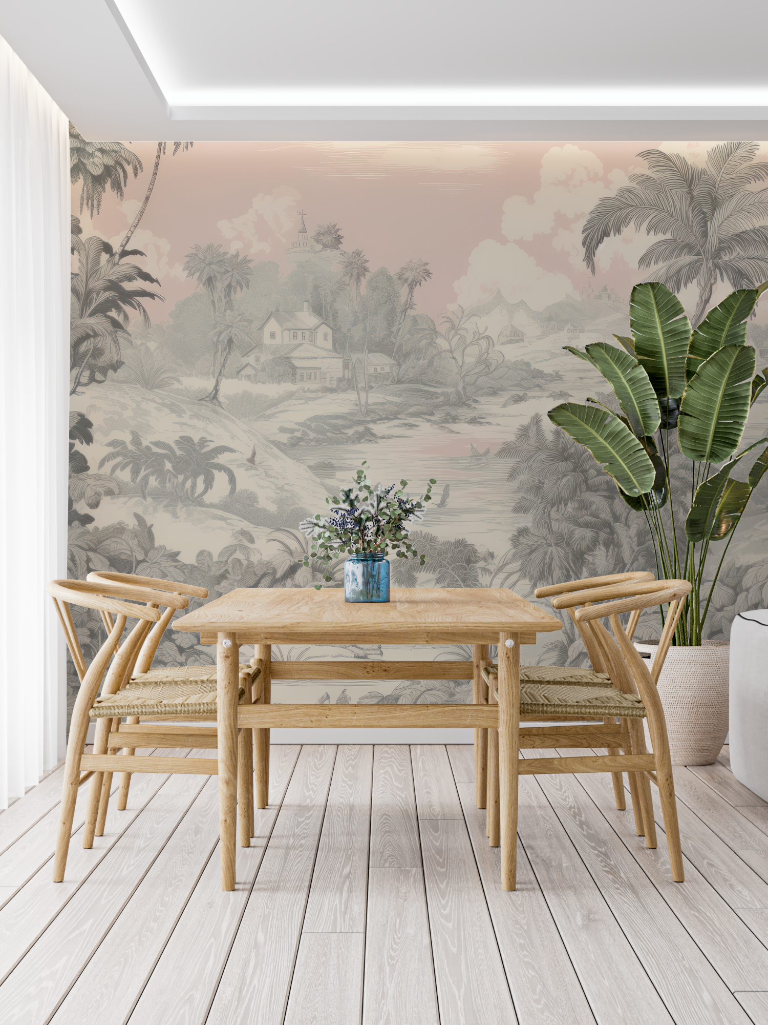 Papier Peint Toile De Jouy Rose Beige - panoramique-mur