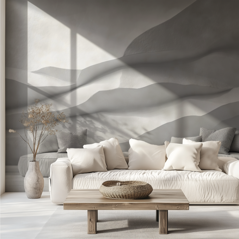 Papier peint trompe loeil pierre blanche canape tendance