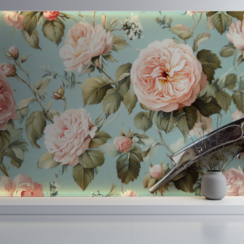 Papier peint vintage fleuries mur blanc