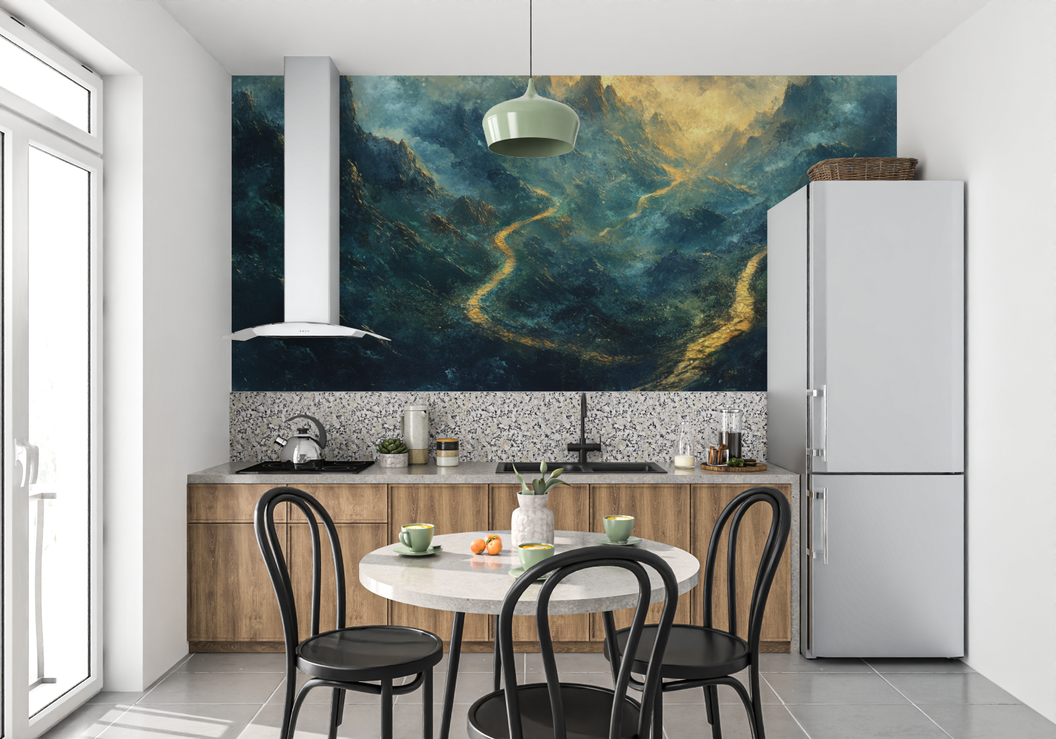 Papier peint aquarelle paysage sentier montagne mur cuisine