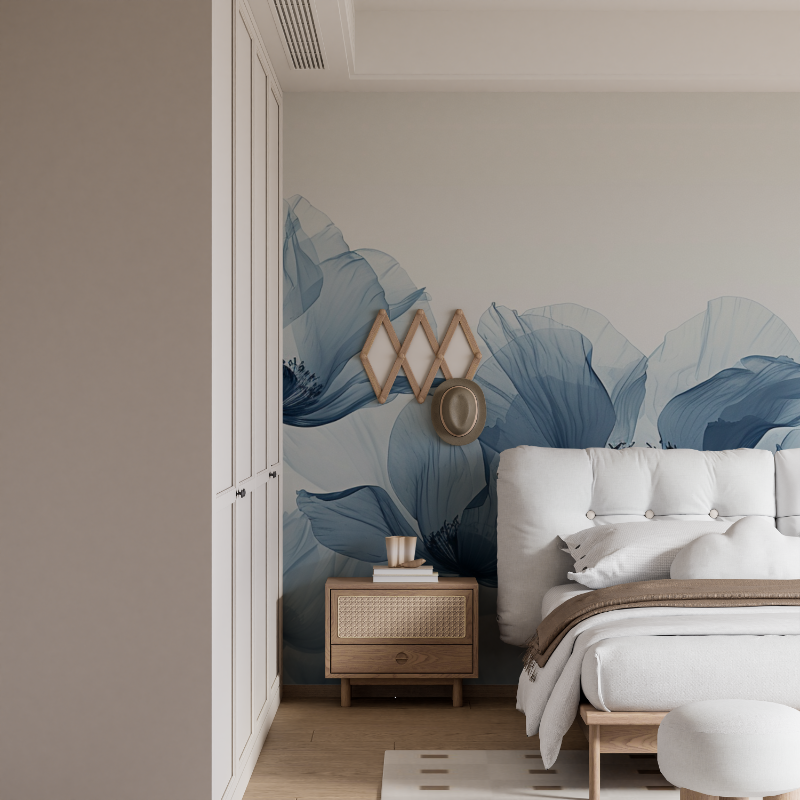 Papier peint aquarelle fleurs bleu mural