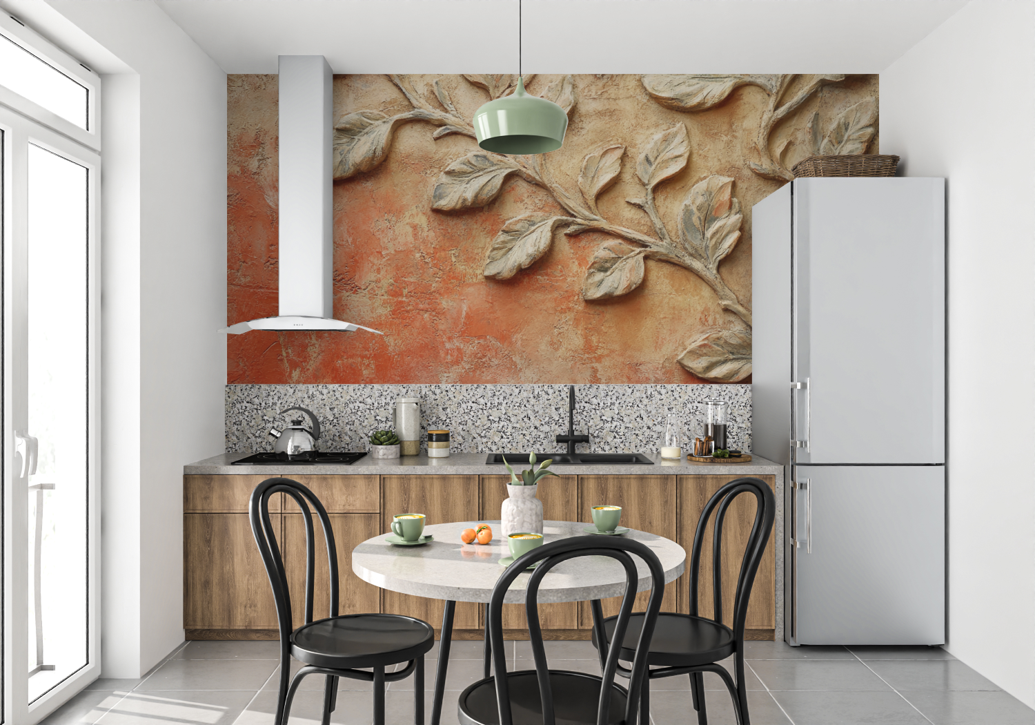 Papier peint terracotta avec courbes organiques mur cuisine