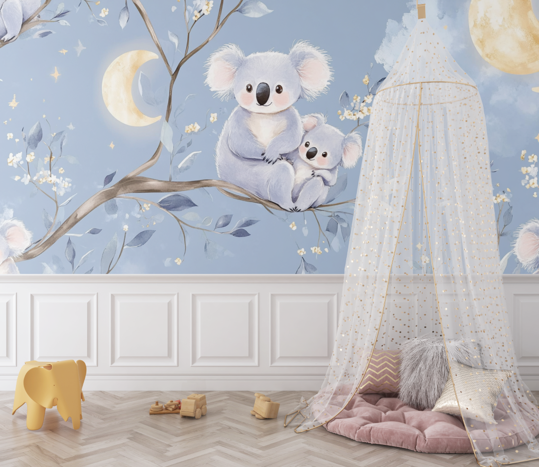 Papier peint koala pastel et lune doree bebe