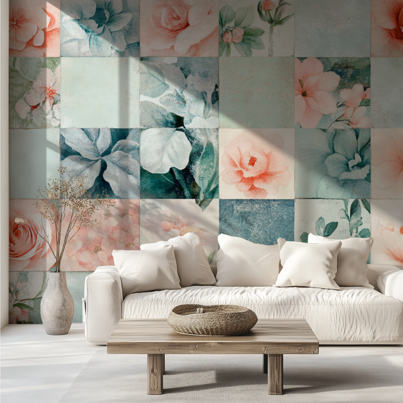 Papier peint fleur carreaux a coller canape tendance